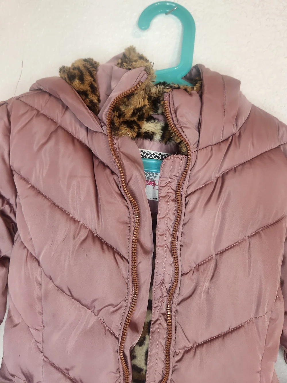 Girls Mauve Puffer Jacket with Faux Fur Trim